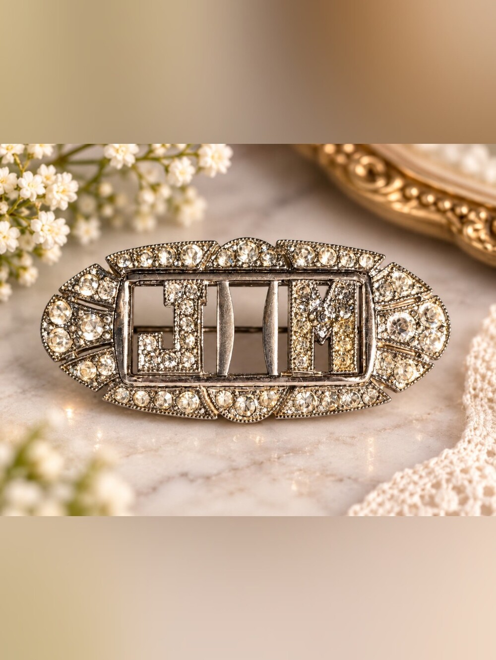Vintage Art Deco Rhinestone Buckle Brooch Pin • Silver Tone • “J M” Initials